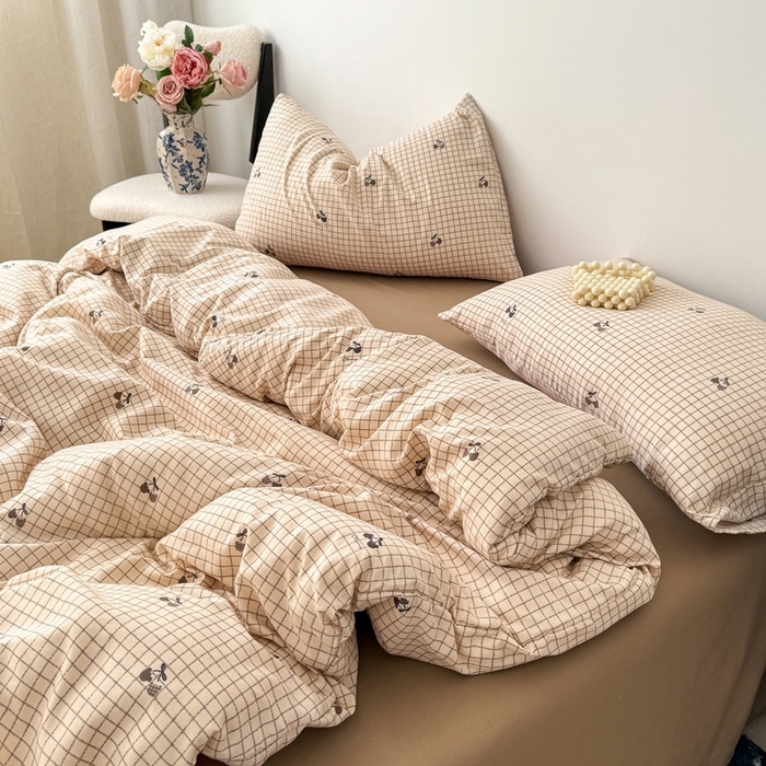 91家纺网 家纺一手货源 找家纺 欧尚 2025新款有氧针织双层纱四件套 格子樱桃