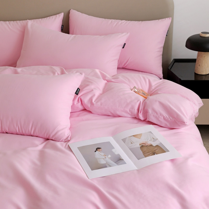 91家纺网 家纺一手货源 找家纺 富馨莱 2025新款60支纯棉纯色双拼四件套 白桃粉