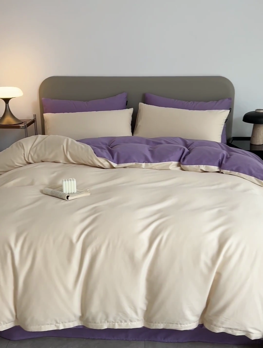 91家纺网 家纺一手货源 找家纺 富馨莱 2025新款60支纯棉纯色双拼四件套 奶白+丁香紫