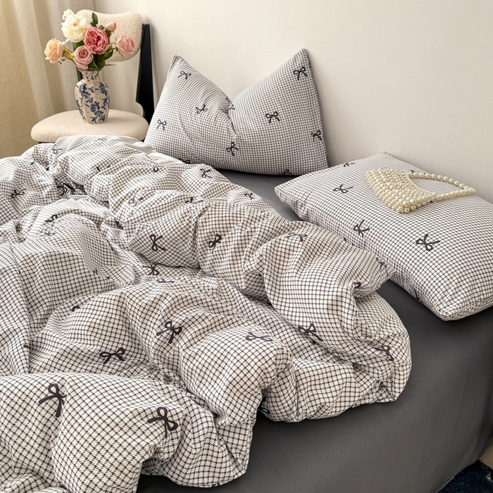 91家纺网 家纺一手货源 找家纺 欧尚 2025新款有氧针织双层纱四件套 灰色蝴蝶结