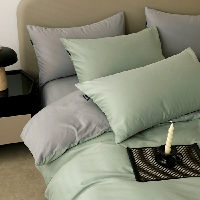91家纺网 家纺一手货源 找家纺 富馨莱 2025新款60支纯棉纯色双拼四件套 抹茶绿+浅灰