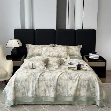 91家纺网 家纺一手货源 找家纺 娇逸家居 2025新款50支印花莱赛尔天丝夏被镂空款花边夏凉被 郁里