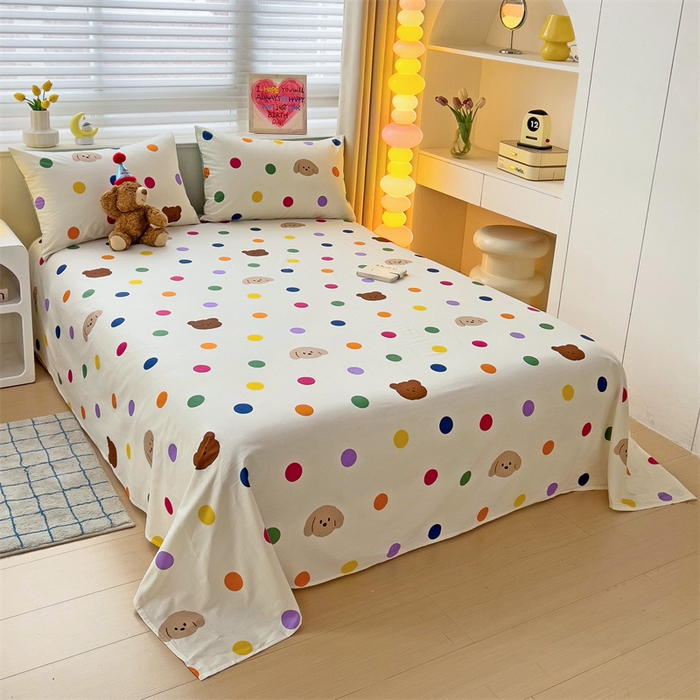 91家纺网 家纺一手货源 找家纺 名兮家居 2025新款13372全棉印花四件套单品系列-单床单 波点小熊