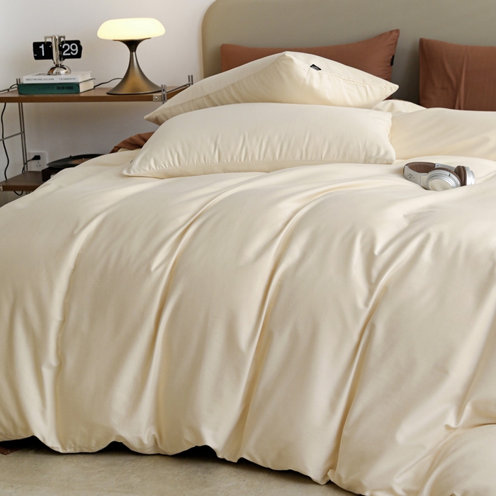 91家纺网 家纺一手货源 找家纺 富馨莱 2025新款60支纯棉纯色双拼四件套 奶白+亚麻咖