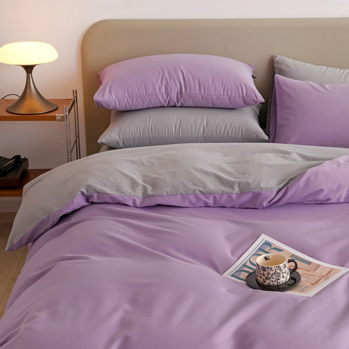 91家纺网 家纺一手货源 找家纺 富馨莱 2025新款60支纯棉纯色双拼四件套 丁香紫+浅灰
