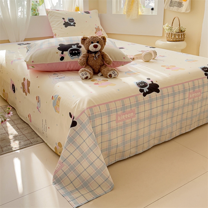 91家纺网 家纺一手货源 找家纺 名兮家居 2025新款13372全棉印花四件套单品系列-单床单 可爱喵