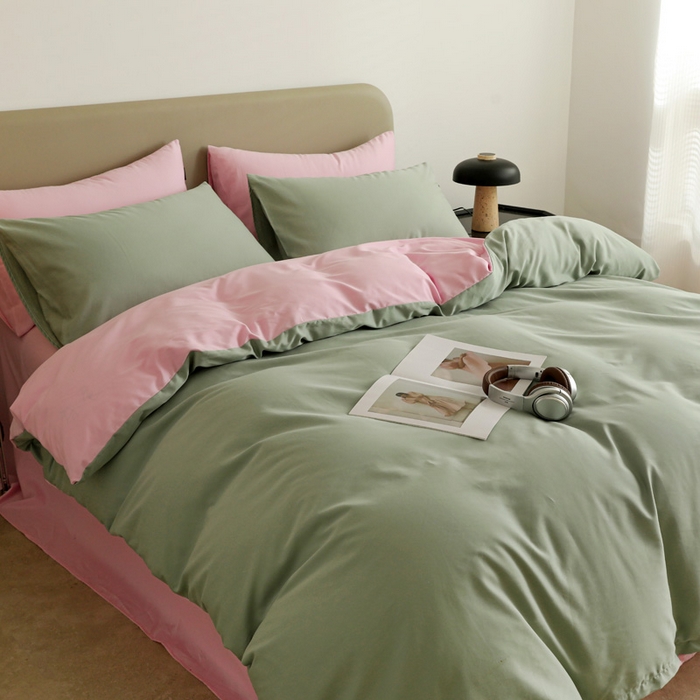 91家纺网 家纺一手货源 找家纺 富馨莱 2025新款60支纯棉纯色双拼四件套 抹茶绿+白桃粉