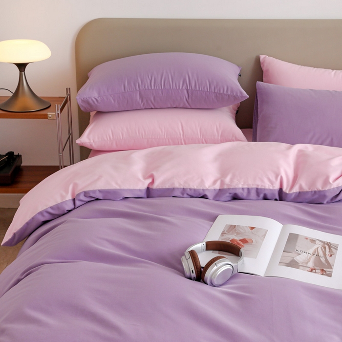 91家纺网 家纺一手货源 找家纺 富馨莱 2025新款60支纯棉纯色双拼四件套 丁香紫+白桃粉