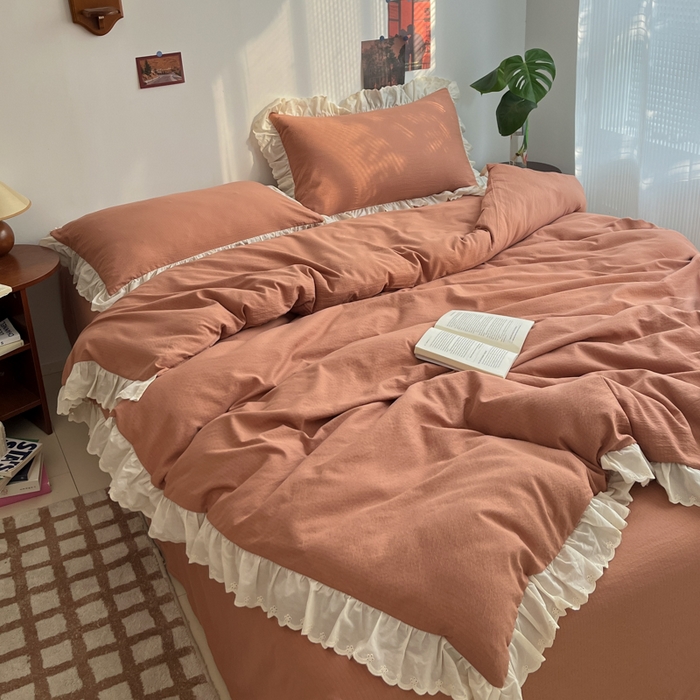 91家纺网 家纺一手货源 找家纺 慕澄家纺 2025新款中古风法式蕾丝复古四件套 焦糖