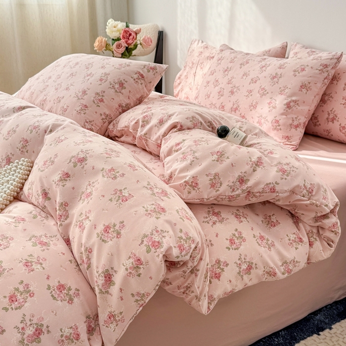 91家纺网 家纺一手货源 找家纺 欧尚 2025新款有氧针织双层纱四件套 花影粉