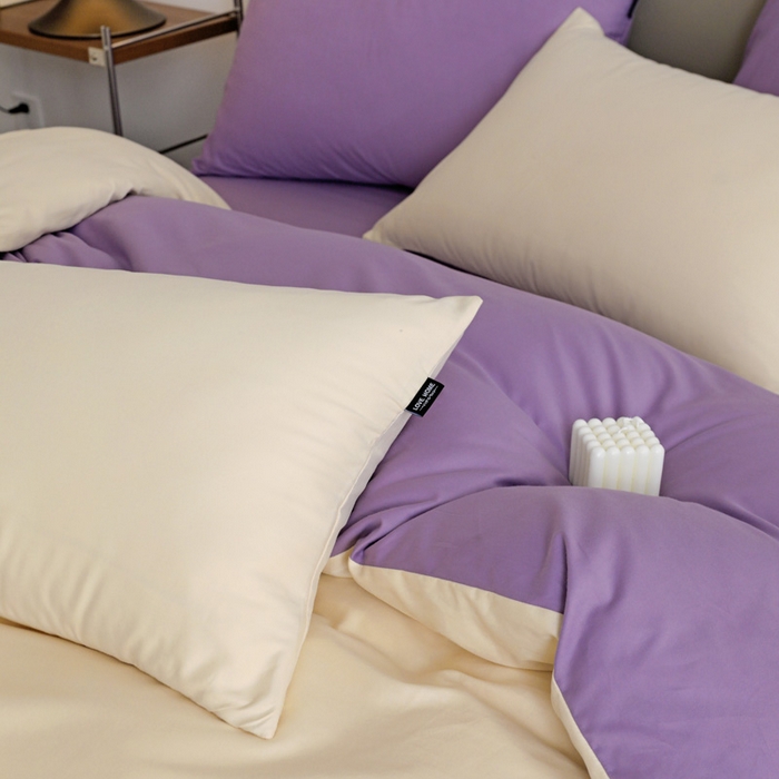 91家纺网 家纺一手货源 找家纺 富馨莱 2025新款60支纯棉纯色双拼四件套 奶白+丁香紫