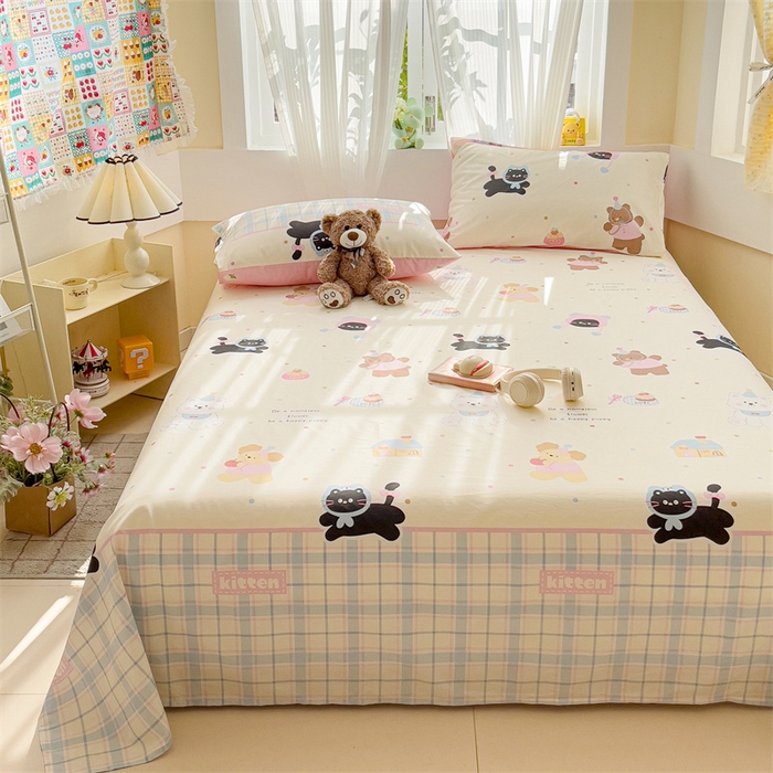 91家纺网 家纺一手货源 找家纺 名兮家居 2025新款13372全棉印花四件套单品系列-单床单 可爱喵