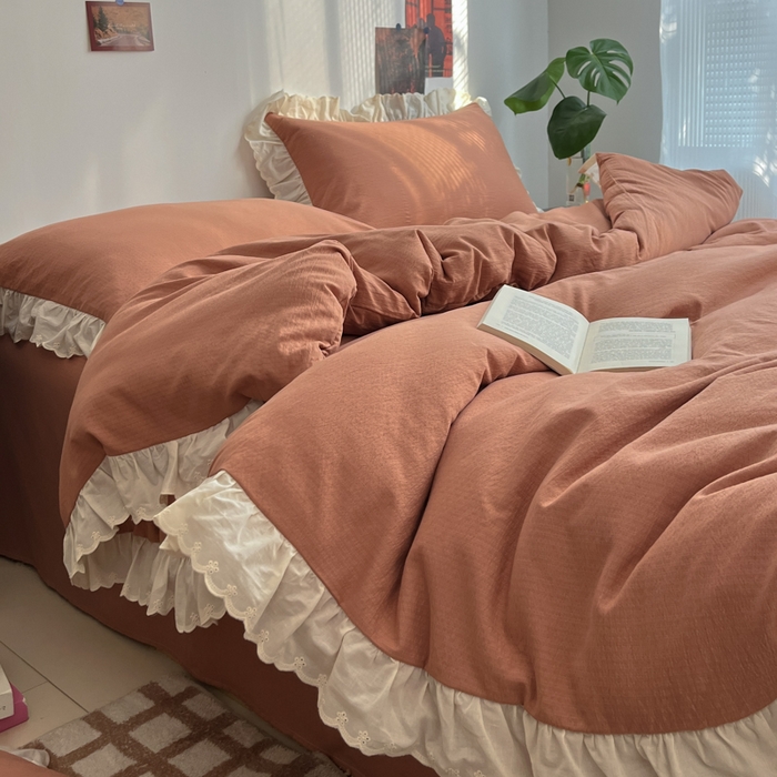 91家纺网 家纺一手货源 找家纺 慕澄家纺 2025新款中古风法式蕾丝复古四件套 焦糖