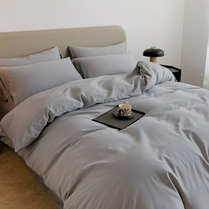 91家纺网 家纺一手货源 找家纺 富馨莱 2025新款60支纯棉纯色双拼四件套 浅灰