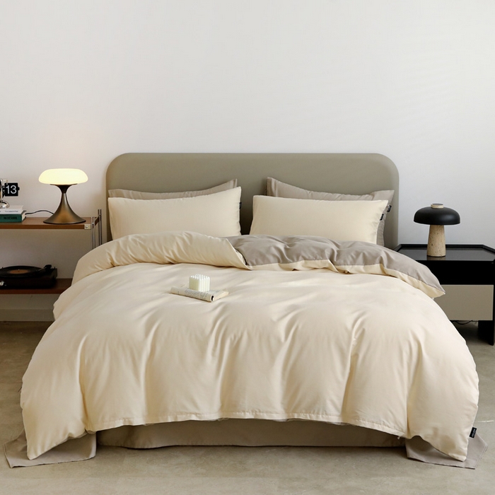 91家纺网 家纺一手货源 找家纺 富馨莱 2025新款60支纯棉纯色双拼四件套 奶白+岩石灰