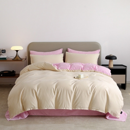 富馨莱 2025新款60支纯棉纯色双拼四件套 奶白+白桃粉