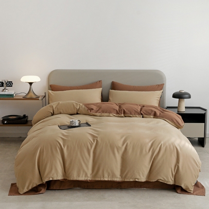 富馨莱 2025新款60支纯棉纯色双拼四件套 卡其+亚麻咖