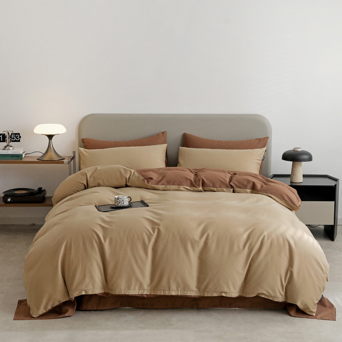 91家纺网 家纺一手货源 找家纺 富馨莱 2025新款60支纯棉纯色双拼四件套 卡其+亚麻咖