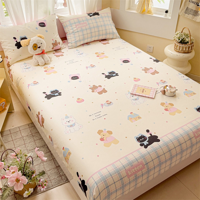 91家纺网 家纺一手货源 找家纺 名兮家居 2025新款13372全棉印花四件套单品系列-单床笠 可爱喵