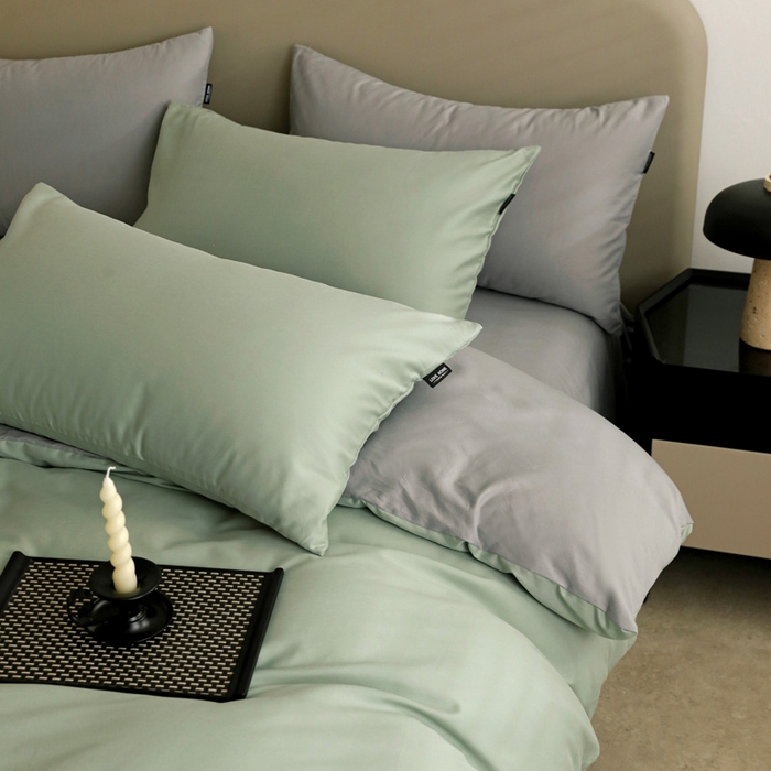 91家纺网 家纺一手货源 找家纺 富馨莱 2025新款60支纯棉纯色双拼四件套 抹茶绿+浅灰