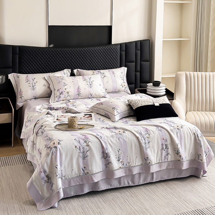 91家纺网 家纺一手货源 找家纺 娇逸家居 2025新款50支印花莱赛尔天丝夏被镂空款花边夏凉被 浅知