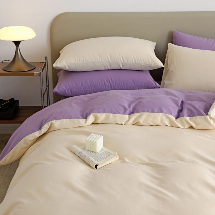 91家纺网 家纺一手货源 找家纺 富馨莱 2025新款60支纯棉纯色双拼四件套 奶白+丁香紫