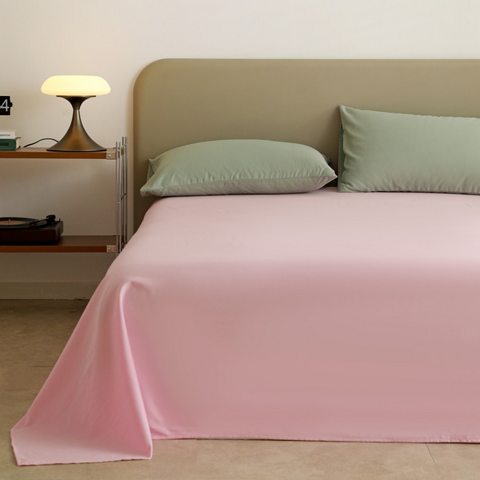 91家纺网 家纺一手货源 找家纺 富馨莱 2025新款60支纯棉纯色双拼四件套 抹茶绿+白桃粉