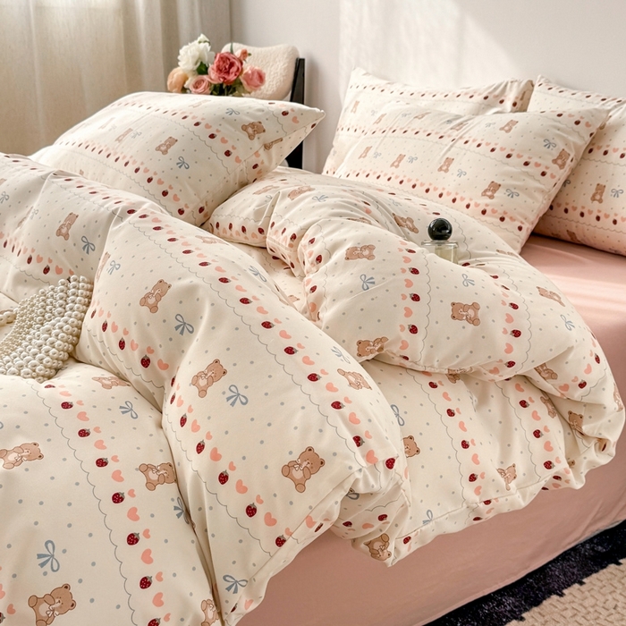 91家纺网 家纺一手货源 找家纺 欧尚 2025新款有氧针织双层纱四件套 多多熊