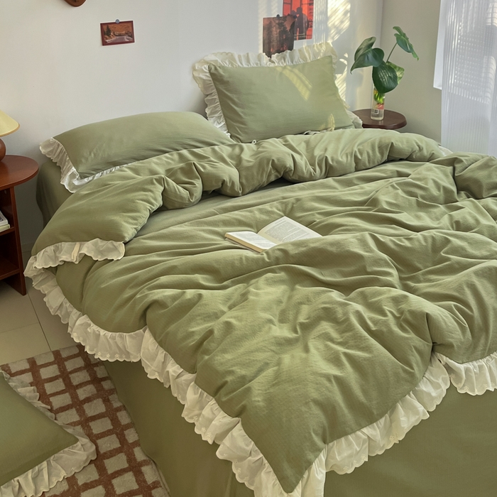 91家纺网 家纺一手货源 找家纺 慕澄家纺 2025新款中古风法式蕾丝复古四件套 青豆