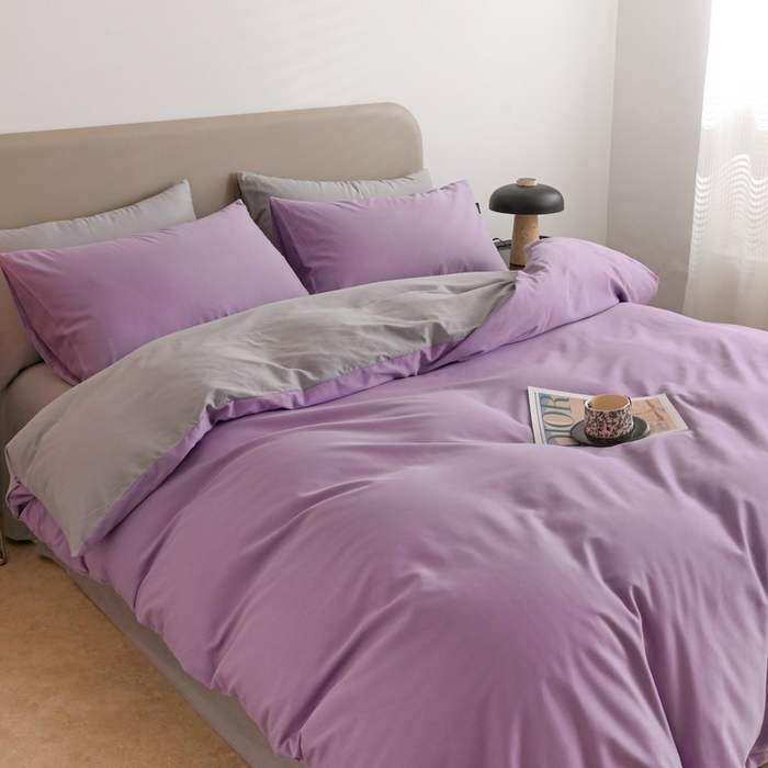 91家纺网 家纺一手货源 找家纺 富馨莱 2025新款60支纯棉纯色双拼四件套 丁香紫+浅灰