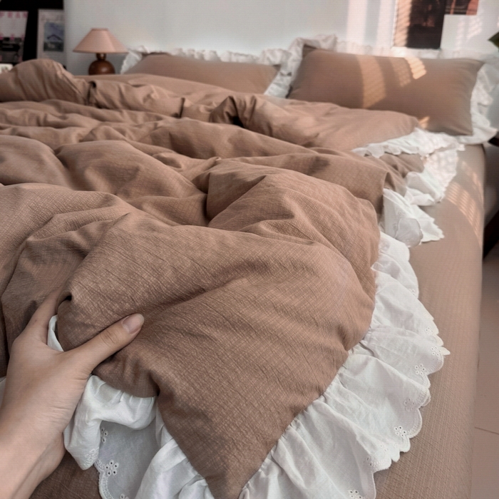 91家纺网 家纺一手货源 找家纺 慕澄家纺 2025新款中古风法式蕾丝复古四件套 咖啡