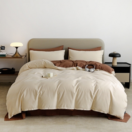 富馨莱 2025新款60支纯棉纯色双拼四件套 奶白+亚麻咖