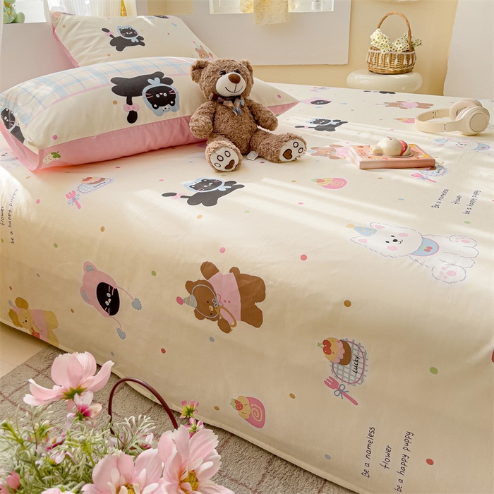 91家纺网 家纺一手货源 找家纺 名兮家居 2025新款13372全棉印花四件套单品系列-单床单 可爱喵