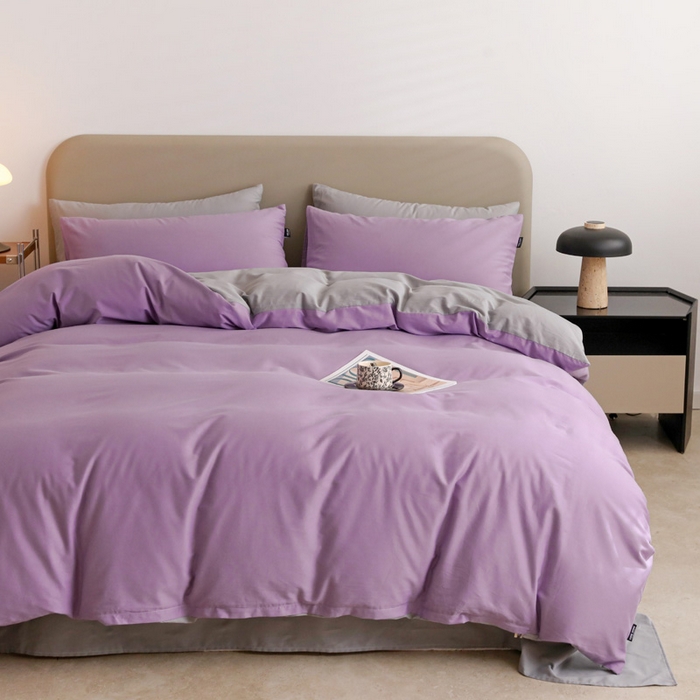 91家纺网 家纺一手货源 找家纺 富馨莱 2025新款60支纯棉纯色双拼四件套 丁香紫+浅灰