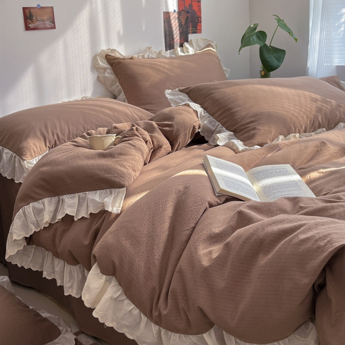 91家纺网 家纺一手货源 找家纺 慕澄家纺 2025新款中古风法式蕾丝复古四件套 咖啡