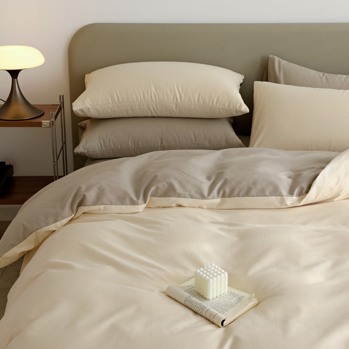 91家纺网 家纺一手货源 找家纺 富馨莱 2025新款60支纯棉纯色双拼四件套 奶白+岩石灰