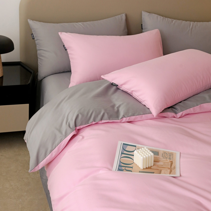 91家纺网 家纺一手货源 找家纺 富馨莱 2025新款60支纯棉纯色双拼四件套 白桃粉+浅灰