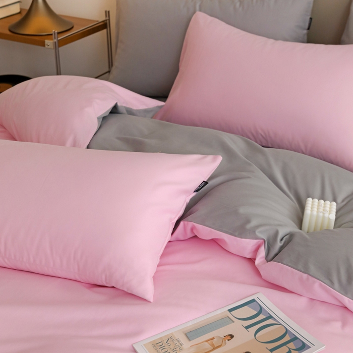 91家纺网 家纺一手货源 找家纺 富馨莱 2025新款60支纯棉纯色双拼四件套 白桃粉+浅灰