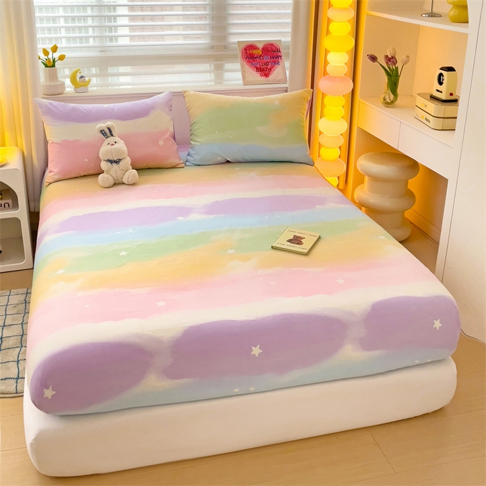 91家纺网 家纺一手货源 找家纺 名兮家居 2025新款13372全棉印花四件套单品系列-单床笠 彩色天空