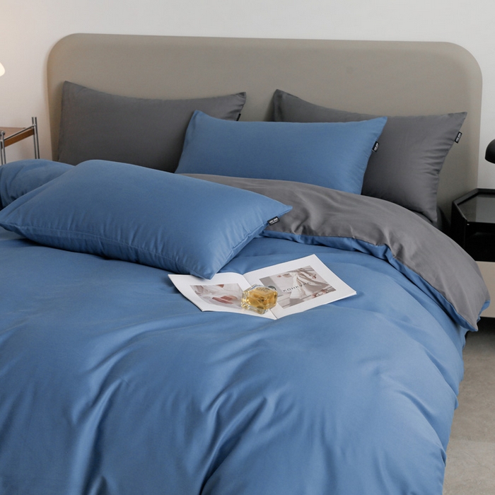 91家纺网 家纺一手货源 找家纺 富馨莱 2025新款60支纯棉纯色双拼四件套 布鲁蓝+深灰