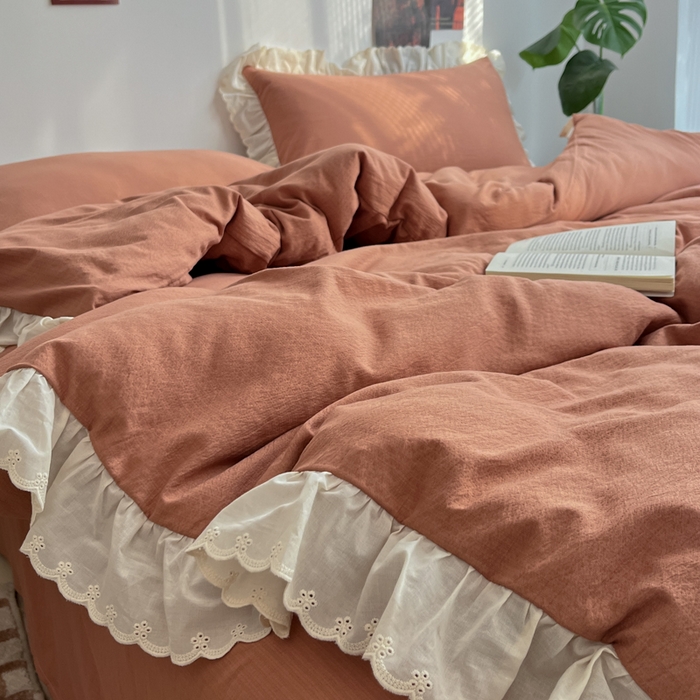 91家纺网 家纺一手货源 找家纺 慕澄家纺 2025新款中古风法式蕾丝复古四件套 焦糖