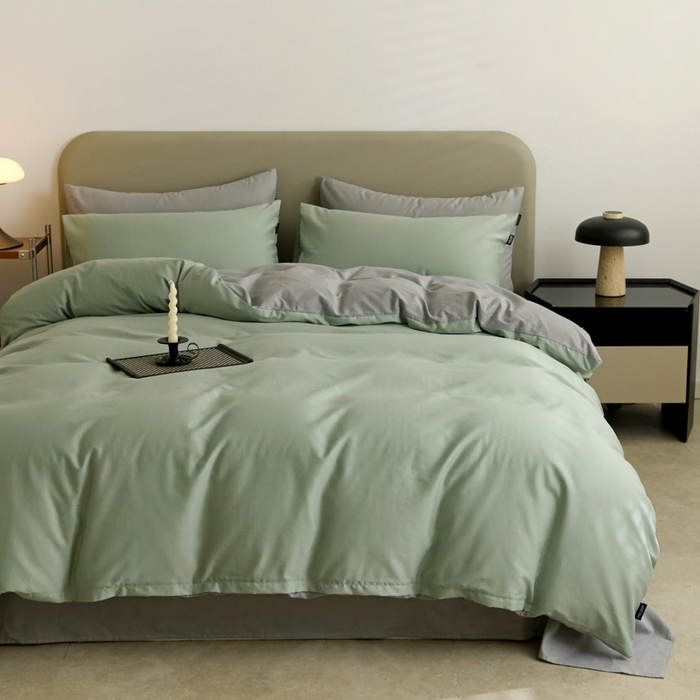 91家纺网 家纺一手货源 找家纺 富馨莱 2025新款60支纯棉纯色双拼四件套 抹茶绿+浅灰