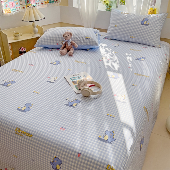 91家纺网 家纺一手货源 找家纺 名兮家居 2025新款13372全棉印花四件套单品系列-单床单 格子恐龙