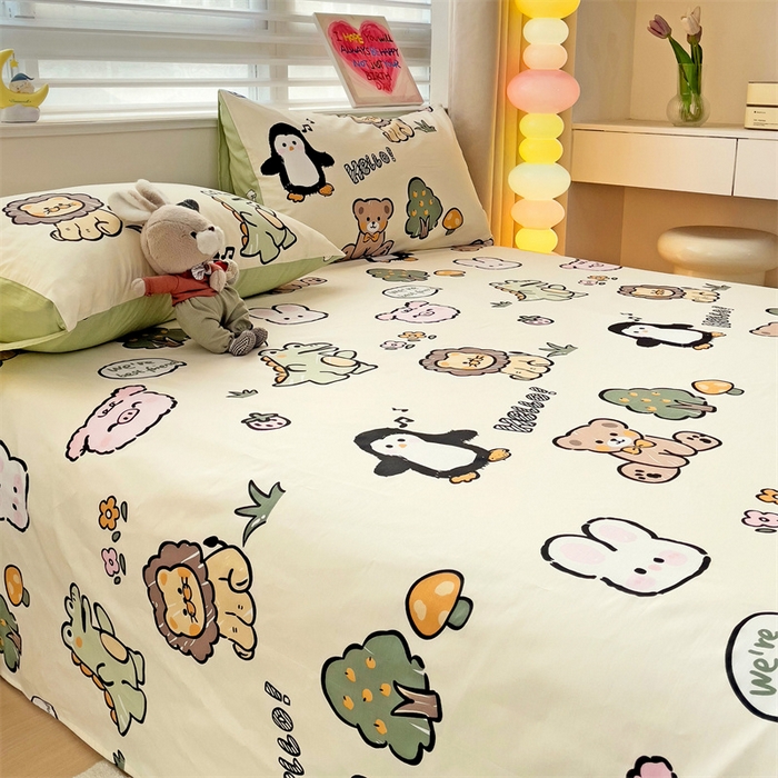 91家纺网 家纺一手货源 找家纺 名兮家居 2025新款13372全棉印花四件套单品系列-单床单 动物世界