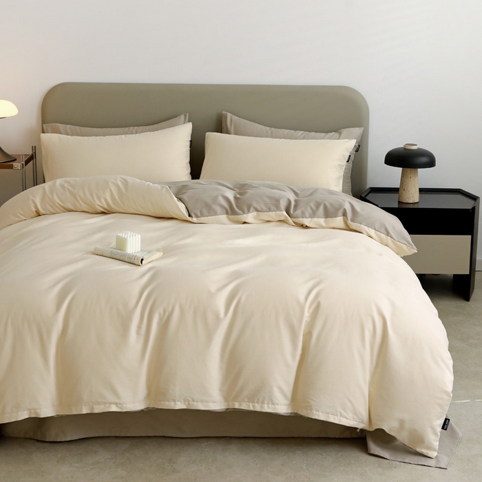 91家纺网 家纺一手货源 找家纺 富馨莱 2025新款60支纯棉纯色双拼四件套 奶白+岩石灰