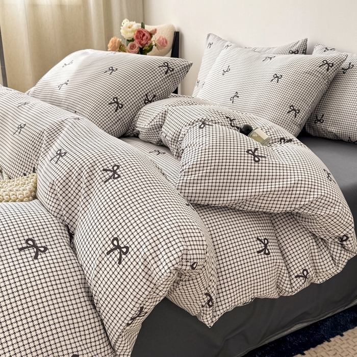 91家纺网 家纺一手货源 找家纺 欧尚 2025新款有氧针织双层纱四件套 灰色蝴蝶结