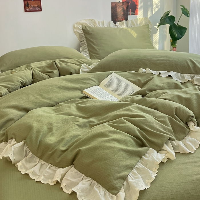 91家纺网 家纺一手货源 找家纺 慕澄家纺 2025新款中古风法式蕾丝复古四件套 青豆