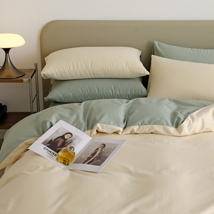 91家纺网 家纺一手货源 找家纺 富馨莱 2025新款60支纯棉纯色双拼四件套 奶白+抹茶绿