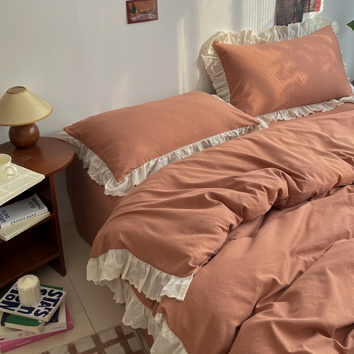 91家纺网 家纺一手货源 找家纺 慕澄家纺 2025新款中古风法式蕾丝复古四件套 焦糖