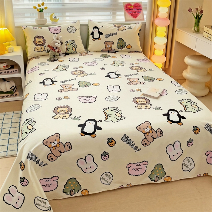 91家纺网 家纺一手货源 找家纺 名兮家居 2025新款13372全棉印花四件套单品系列-单床单 动物世界